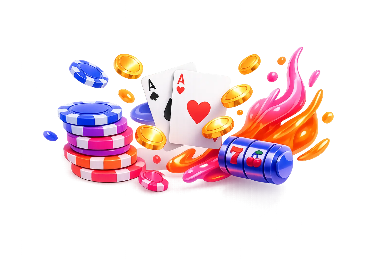 Isometric 3D render of floating gaming elements with stacked poker chips, playing cards, glowing gold coins, liquid-like flam